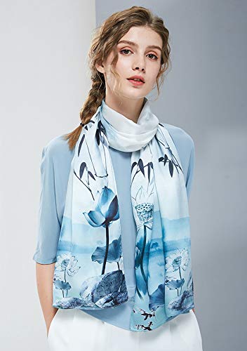 100% Mulberry Silk Long Scarf for Women Large Shawls for Headscarf and Neck- Oblong Hair Wraps with Gift Packed - color: Wash Painting-lotus