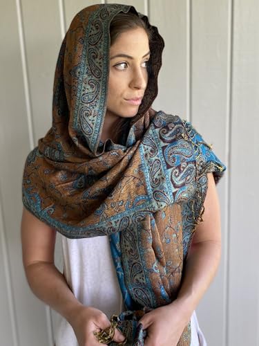 Achillea Reversible Paisley Pashmina Rave Scarf – Exotic Indian Shawls and Wraps for Evening Dresses, Festivals, All Seasons - color: Teal