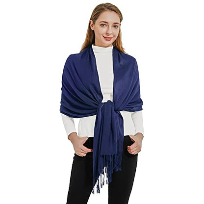 Soft Silky Pashmina Shawl Wraps Solid Colors Scarf for Wedding Evening Dresses - color: H-navy