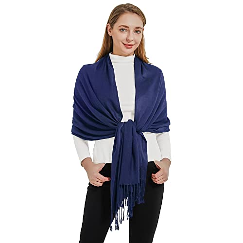 Soft Silky Pashmina Shawl Wraps Solid Colors Scarf for Wedding Evening Dresses - color: H-navy