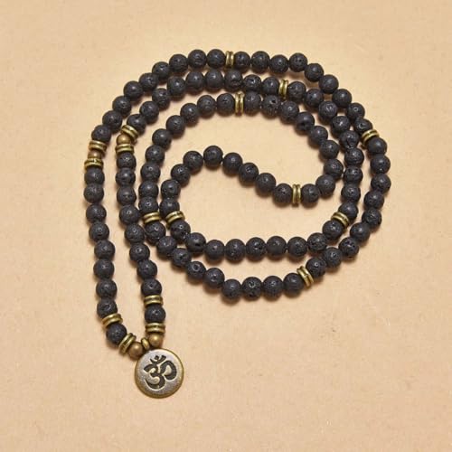 108 Mala Beads Bracelet with om Charm – Healing Stone Meditation Bracelet for Yoga & Prayer, 6mm Beads, Handmade, Gold-Plated OM Charm - style: Lava