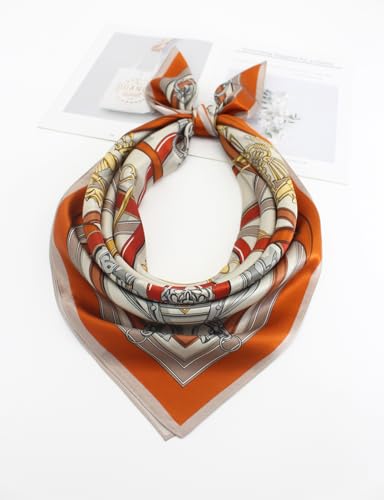 ANDANTINO 100% Pure Mulberry Silk Scarf 35" Large Square Lightweight Headscarf –Women’s Hair Wraps-With Gift Packed - color: Gold&orange