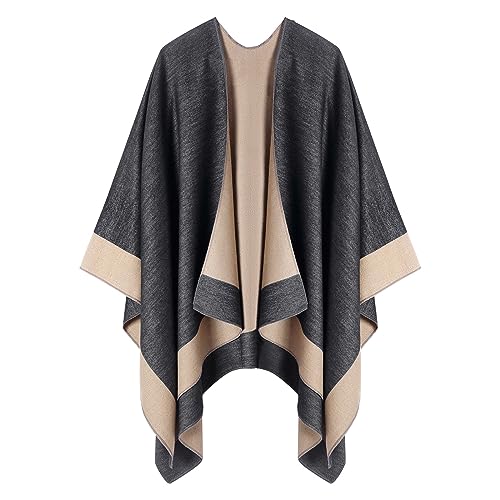 Women's Shawl Wrap Poncho Cape Cardigan Open Front Coat Shawl Wrap Scarf for Spring Fall Winter - color: Champagne Black