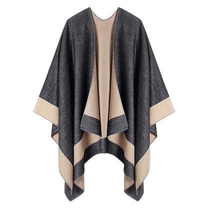 Women's Shawl Wrap Poncho Cape Cardigan Open Front Coat Shawl Wrap Scarf for Spring Fall Winter - color: Champagne Black