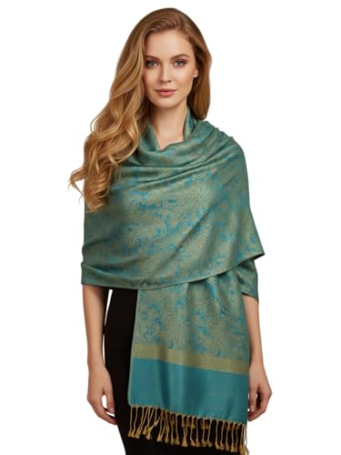 PASKMLNA Paisley Jacquard Pashmina Shawl Wrap Scarf Stole - color: Aqua Gold