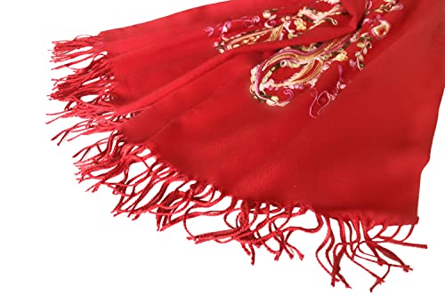 Urban CoCo Women's Embroidered Oversize Tassel Shawl Scarf Wraps for Women - color: #1-red