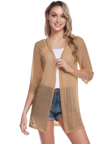 iClosam Women Casual 3/4 Sleeve Sheer Open Front Cardigan Sweater Kimono - color: Khaki, size: Small