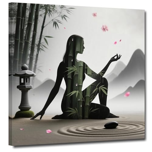 TLZKHTS Zen Bamboo and Stone Canvas Wall Deocr Framed Zen Stone Painting Picture Poster Canvas Painting Gifts for Office Living Room Becroom Bar Deocr (T-24,18.00L X 18.00W,Framed) - color: T-24, size: 18.00L" X 18.00W''