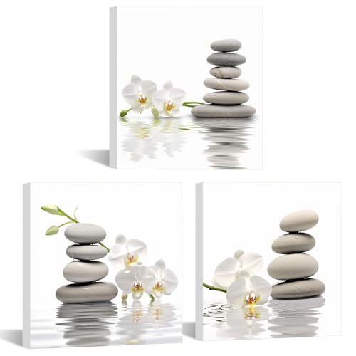 3 Panel Zen Wall Art Set Spa Meditation Zen Pebbles White Orchid Picture Canvas Print Painting Framed Artwork for Living Room Yoga Spa Room Bathroom Decor - color: Zen 02, size: 8"L x 8"W