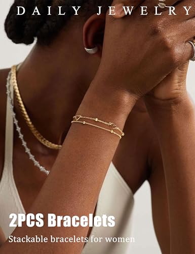 KOHOTA Silver Gold Bracelets for Women Trendy 14K Gold Plated Bracelet for Women Non Tarnish Dainty Stackable Layered Chain Heart Pearl Knot Beaded Bracelets Stack Set Charm Mothers Day Jewelry Gifts - color: C.Heart-gold