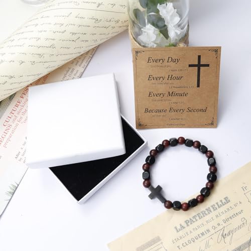 MILAKOO Wooden Bracelet with Black Stainless Steel Cross Charms Bead Christian Gifts for Women Men - color: C3