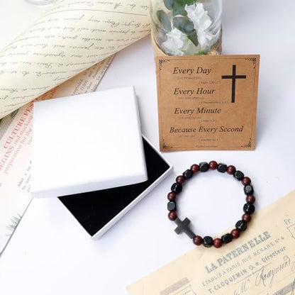 MILAKOO Wooden Bracelet with Black Stainless Steel Cross Charms Bead Christian Gifts for Women Men - color: C3