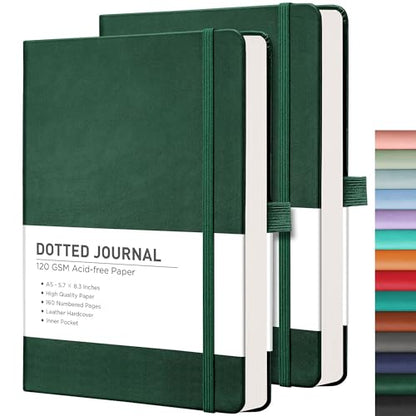 RETTACY Dotted Journal Notebook, 2-Pack, 160 Numbered Pages per Pack, A5 Medium Size (5.7'' x 8.3''), 120 GSM Thick Paper, Leather Hardcover, for Journaling, Planning (Dark Green & Dark Green) - color: Dark Green & Dark Green, style: Dotted