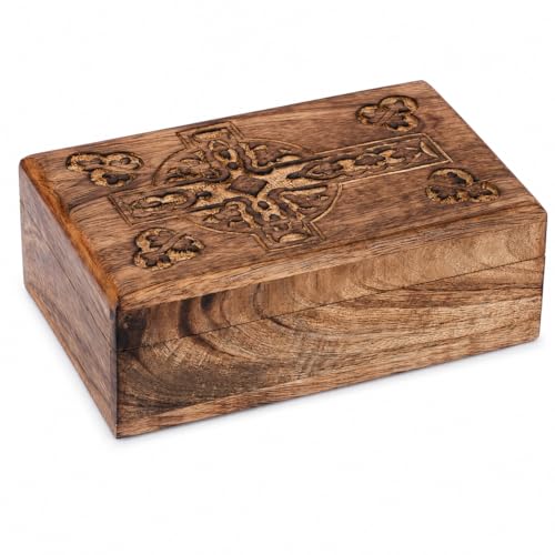 Ajuny Handcrafted Wooden Jewelry Box Hamsa Design Carving Solid Multipurpose Keepsake Storage Travel Organizer Treasure Chest Vintage Decorative Trinket Holder Gifts 8x5 Inch - style: Celtic Cross