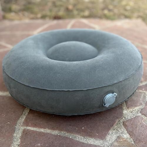 BOWERY HILL Fabric Round Inflatable Travel Meditation Cushion, Light Gray, 16 in x 5.5 in, Adjustable Air Chamber, Durable Flocked Microfiber, Lightweight Portable Design with Carry Case, Yoga or