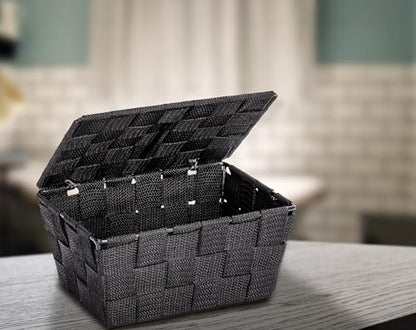 WENKO Storage Adria Black with lid-Bathroom Basket, Polypropylene, 19 x 10 x 14 cm - color: Black