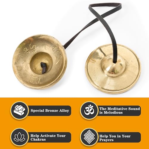 Boao Tibetan Bells Tingsha Cymbals Meditation Chime Bells with Tibetan Drawstring Cloth Bag, 6.3 cm Yoga Finger Meditation Chime for Percussion Instrument(Smooth Embossed)
