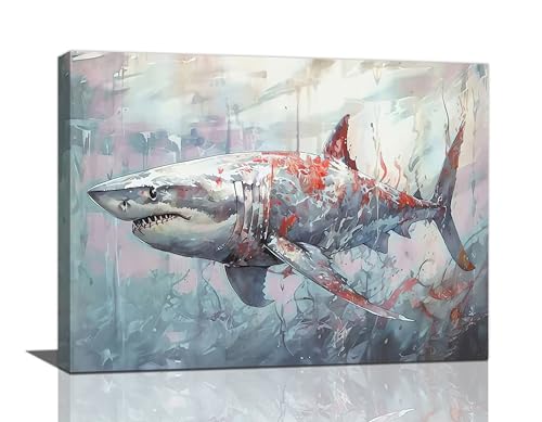 yerretin Ocean Shark Wall Art Nautical Shark Pictures Wall Decor Beach Coastal Undersea Canvas Painting Modern Artwork Home Decorations for Bathroom Bedroom Living Room Office Framed 16"x12" - color: Shark, size: 16"L x 12"W