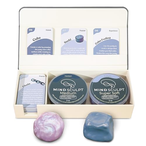 MindSculpt Fidget Putty Set | for Focus & Stress Relief | 52 Guided Calming Exercises | Kids 7+ & Adults | Two 3oz tubs: moldable Silicone Putty, no Drying Out | Mindfulness Gift | Desk Fidget | ADHD - size: MindSculpt Kit