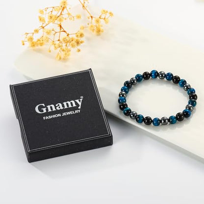 Gnamy Crystal Bracelet Gifts for Men Him- Triple Protection Hematite Black Obsidian Tiger Eye Gemstone Beaded Bracelets Birthday Healing Jewelry Gifts - style: Style 2