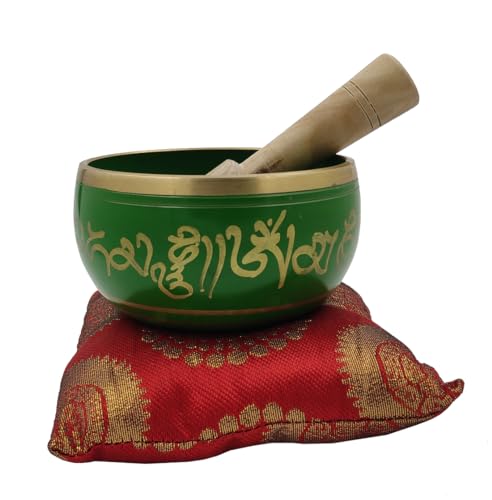 Purpledip Bell Metal Singing Bowl: Tibetan Dhyana Meditation Musical Instrument, 5 Inches, Green (10780) - style: Scripture design | 5 inches | Green