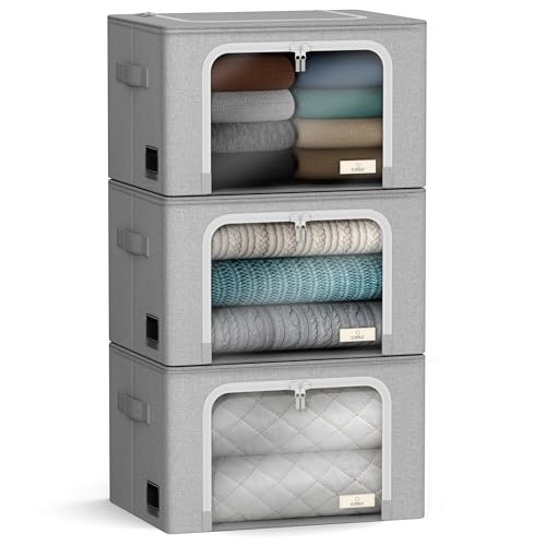 Sorbus Storage Bins with Metal Frame - Stackable & Foldable Clothes Organizer Bags - Oxford Fabric Storage Containers with Large Clear Window & Carry Handles Organization for Bedding Linen & Clothing - color: Gray, size: 3 Pack