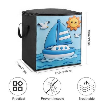 Carolina Blue White Sailing Boat Storage Bag Portable Closet Organizer Storage Bags Quilt Storage Bags with Zippered Breathable Storage Bag with Carry Handles for Blanket Pillow Bedding