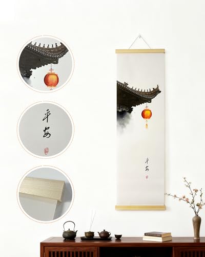 Vertical Chinese Wall Scroll Set of 4 - Traditional Ancient Architecture Paintings, Asian Wall Art with Natural Wood Frame for Living Room, Office Decor - style: Art Deco
