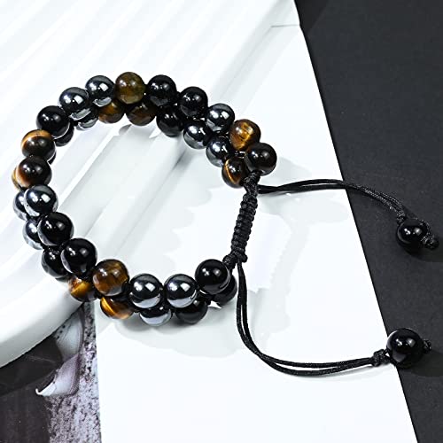 Triple Protection Bracelet Natural Black Obsidian Tigers Eye Hematite Beads Crystal Bracelet Healing Bracelets for Men Women Bring Prosperity Luck and Health - color: Black Yellow