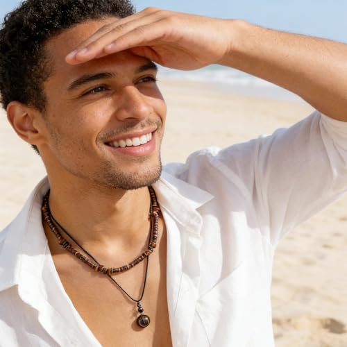 Layered Puka Shell Necklace for Men Brown Coconut Wood Beads Necklace Boho Mens Summer Necklace Surfer Beach Necklace Jewelry - style: A:STYLE 1
