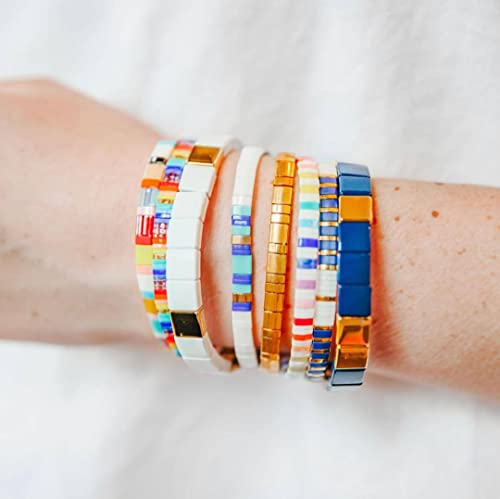 Summer Candy Colors Tila Flat Seed Beads Stretch Strand Bracelet for Women- Trendy Unique Friendship Handmade Mixed Colorful Square Beaded Link Bracelets Stackable Jewelry Gifts - color: 0150B