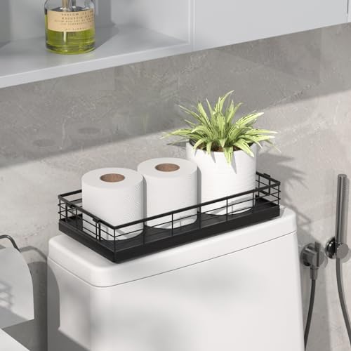 Toilet Paper Basket, 13 Inch Oak and Iron Tank Tray Top of Toilet Storage Toiletries Organizer for Bathroom, Living Room and Kitchen (Black) - color: Black