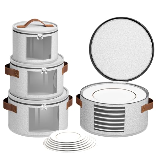 4 Piece China Storage Containers, Dish Storage Containers with Clear Windows, Hard Shell Plate Organizer with Handles, Stackable Stemware Storage Cases, Moving Boxes for Dishes, Plates, Light Gray - color: LIGHT GRAY, style: 4 Pack China Storage Container