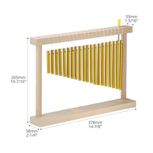 QWORK 20 Note Bar Chimes with Solid Wood Stand – Tabletop Percussion Instrument for Meditation Classroom & Yoga – Gold Tone Hand Chime with Mallet 15 Inch Single Row