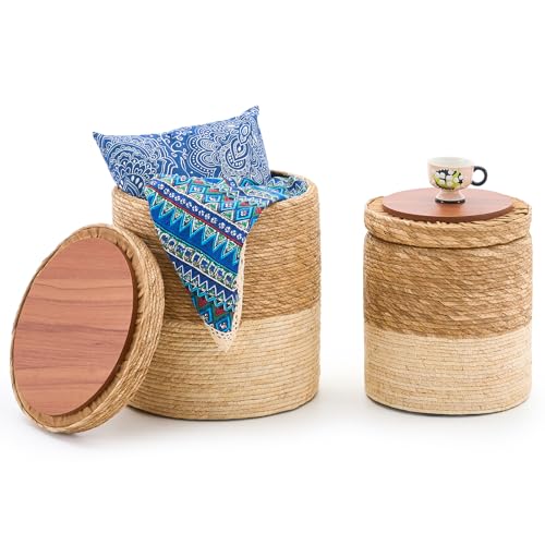 Round Pouf Ottomans, Handwoven Natural Water Hyacinth Seagrass Pouffe,Outdoor Rattan Stool Accent Seat, Bohemian Coastal Home Decor (Cattail Nested Set-White) - color: Cattail Nested Set-white