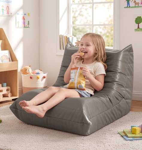 Hobestluk Small Bean Bag Chair Leather Beanbag Lazy Floor Sofa Bean Bags with Memory Foam Filled Waterproof Lounge Sofa Armless Chair for Bedroom Playroom and Reading Dorm (Grey, Small) - color: Grey, size: Small
