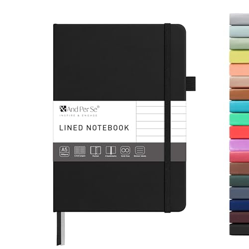 &And Per Se Lined Journal Notebook – A5 Hardcover, 160 Pages 100gsm Thick Paper, College Ruled for Writing - 5.7”x8” (Black)