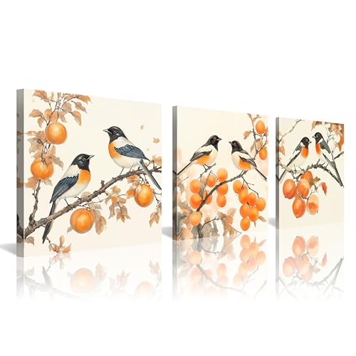 NAN Wind 3PCS Vintage Style Watercolor Birds Orange Fruits Canvas Wall Art Botanical Autum Natural Scene Artwork for Living Room Bedroom Office Calming Wildlife and Fruit Branch Framed Canvas Prints - color: Birds Orange Fruits, size: 12x12 inches (3 piec