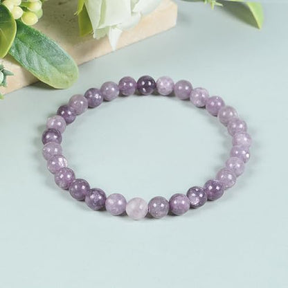 Justinstones Gem Semi Precious Gemstone 6mm Round Beads Stretch Bracelet 6.5 Inch Unisex - color: Light Lepidolite Lithium Mica