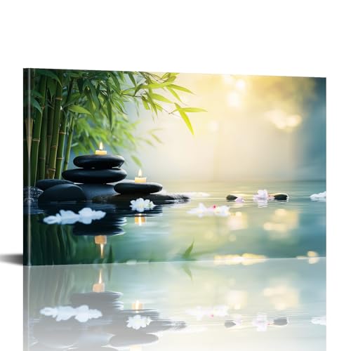 PLIDAAYO Zen Bathroom Wall Art Meditation Candle Canvas Print Picture Bamboo Black Zen Stone Poster Still Life Water Painting for Yoga Bedroom Home Decor(Zen-04,12"x18")
