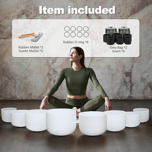 CVNC 432HZ 7-14 Inch Set Of 8 PCS Frosted Chakra Quartz Crystal Singing Bowls for Sound Healing with 2 PCS Travel Carry Case Bag