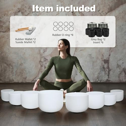 CVNC 432HZ 7-14 Inch Set Of 8 PCS Frosted Chakra Quartz Crystal Singing Bowls for Sound Healing with 2 PCS Travel Carry Case Bag