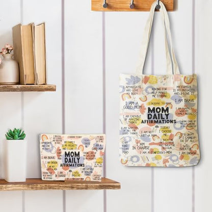 Daily Affirmations for Women, 2PCS Cosmetic Bag Canvas Tote Bag Beach Bags with Pocket Makeup Bags Mom Gifts Mental Health Gifts Inspirational Gift for Women Mother Mama Daughter Birthday Mothers Day - color: Mom Affirmations 0937