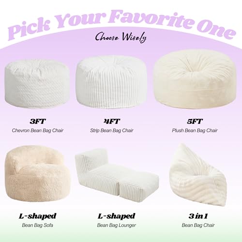 Hobestluk 3 in 1 Bean Bag Chair Giant Bean Bag Chairs for Adults with Ripple Cover Convertible Bean Bag Floor Cushion with Machine Washable Cover for Living Room (Ripple White) - color: Rice White