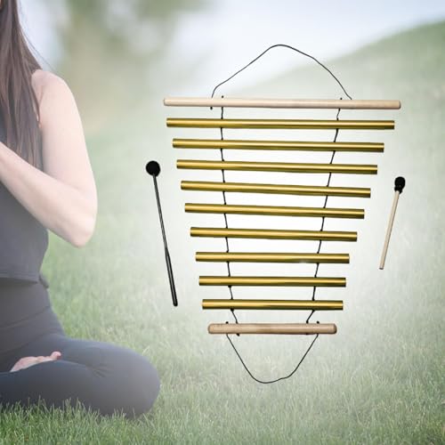 Menolana Wind Chime 9 Note Wood with Nice Tone Meditation Chime Bell Instrument Percussion Single Row Bar Chimes for Classroom Office, gold - color: Gold