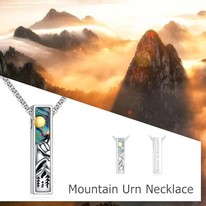 Cremation Urn Necklaces for Ashes Sterling Silver 3D Vertical Bar Memorial Pendant for Loved Ones Keepsake Cremation Jewelry Gifts for Women Men - style: Mountain