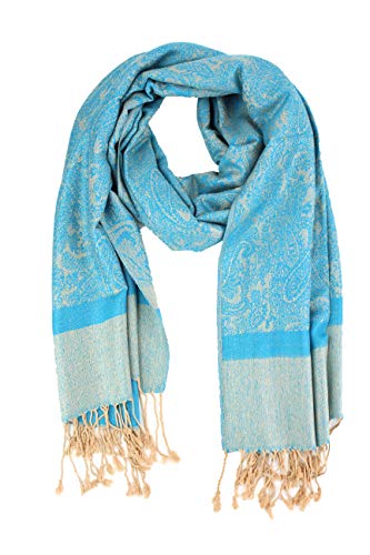 PASKMLNA Paisley Jacquard Pashmina Shawl Wrap Scarf Stole - color: Aqua Camel