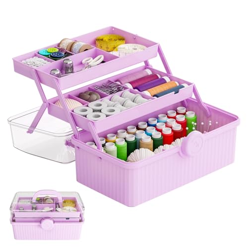 13'' Three-Layer Clear Plastic Storage Box/Tool Box, Multipurpose Organizer and Portable Handled Storage Case for Art Craft and Cosmetic (Purple) - color: Purple