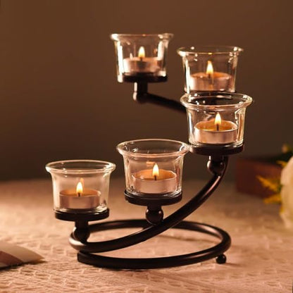 1PC Clear Chunky 5 Cups Metal Tea Light Candle Holders for Table Centerpiece, Glass Votive Tealight Holders/Candelabra Candlestick Holders for Wedding,Party, Anniversary,Christmas(Black) - color: Black