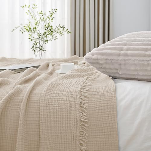 Esterra Muslin Throw Blanket 50x65 Inches Cozy Soft Lightweight Pre-Washed Cotton Blanket, All Season Breathable 4-Layer Gauze Blanket Throw for Sofa Couch Bed, Neutral - color: 02 - Neutral, size: Throw (50"x65")